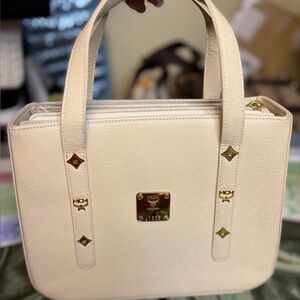 MCM Structured Satchel – Cream Textured Leather | Gold Hardware